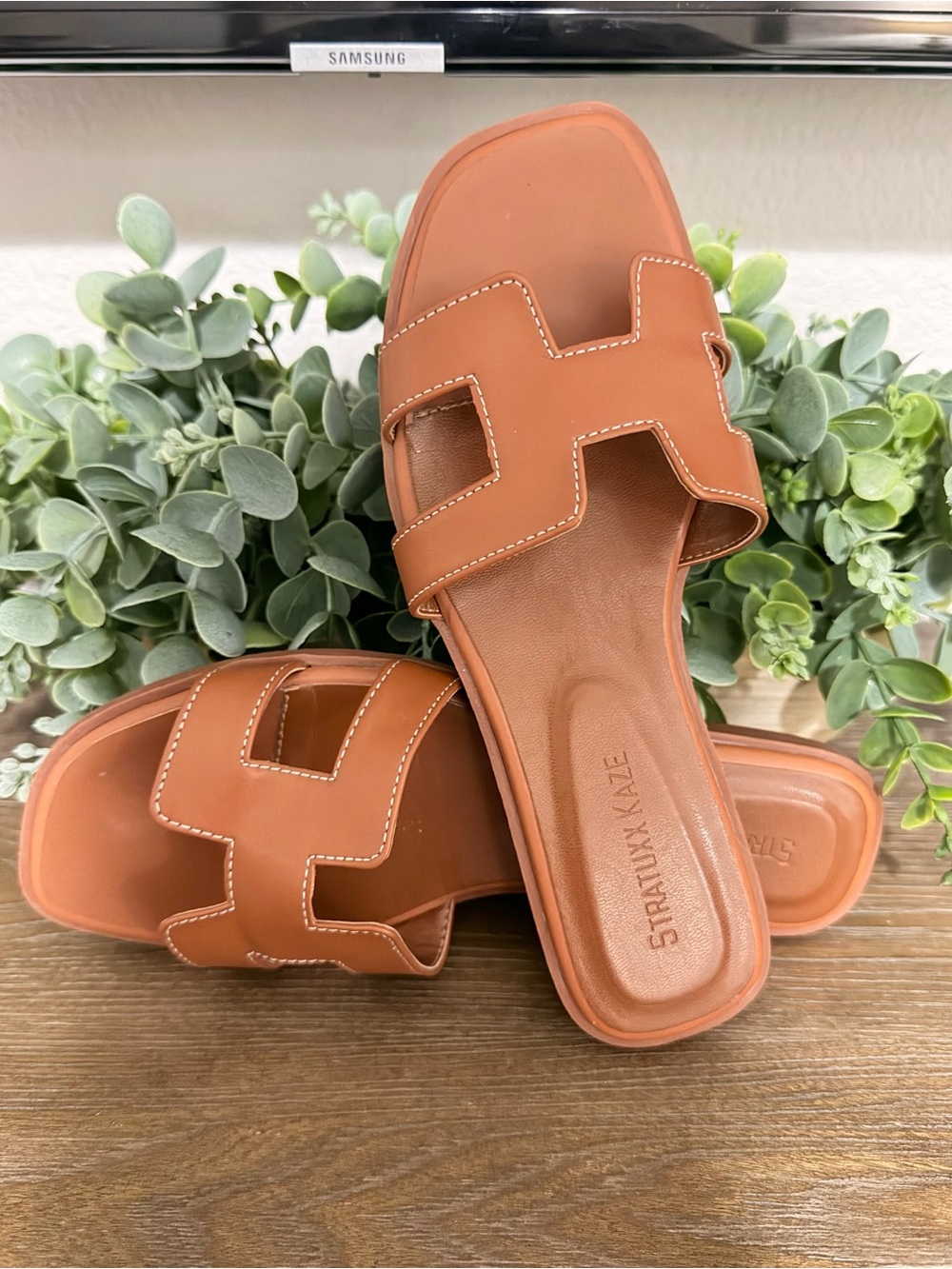 Cognac Brown Slide Sandals